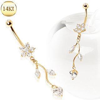 Belly Ring - Dangle 14K Yellow Gold Navel Ring with Flower & Vine -Rebel Bod-RebelBod