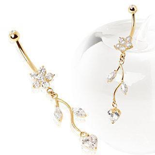 Belly Ring - Dangle 14K Yellow Gold Navel Ring with Flower &amp; Vine -Rebel Bod-RebelBod