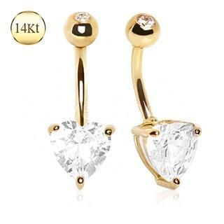 14K Yellow Gold  Navel Ring w/ Large Clear Heart Prong Set CZ