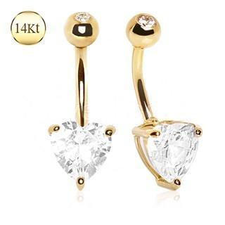 14K Gold Belly Ring Large Clear Heart Prong Set CZ