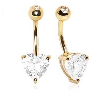 14K Gold Belly Ring Large Clear Heart Prong Set CZ