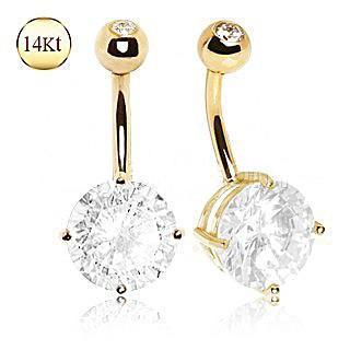 14K Gold Belly Ring Large Clear Round Prong Set CZ