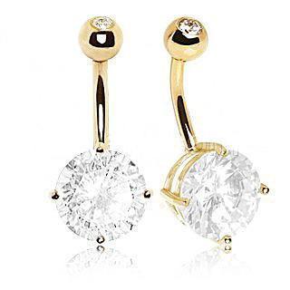 14K Gold Belly Ring Large Clear Round Prong Set CZ