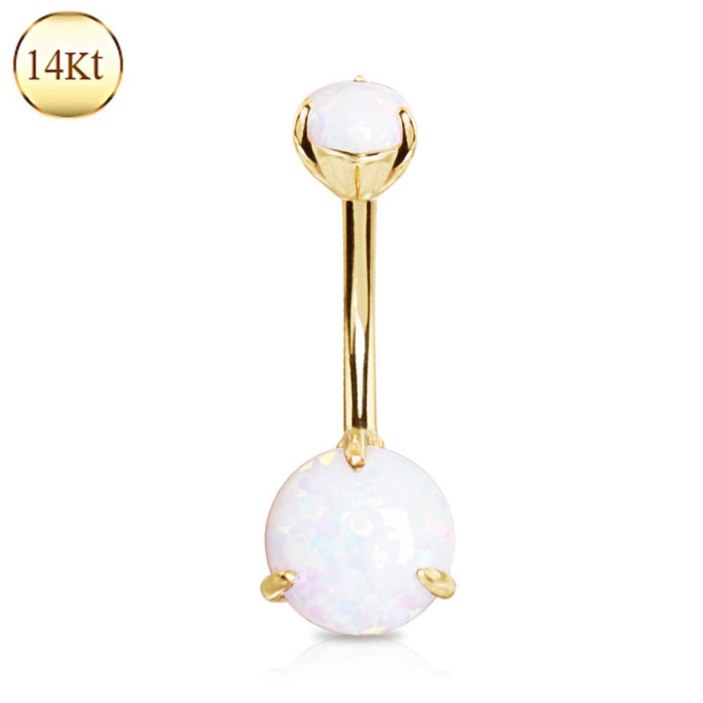 14K Gold Belly Ring Prong Set White Opal