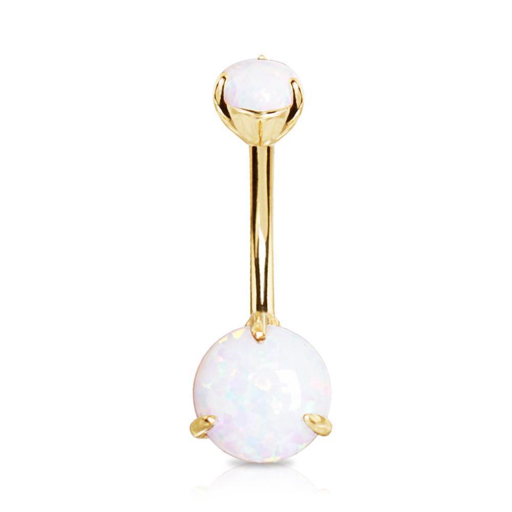 Belly Ring - No Dangle 14K Yellow Gold Navel Ring with Prong Set White Synthetic Opal -Rebel Bod-RebelBod