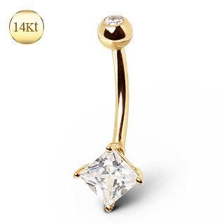 Belly Ring - No Dangle 14K Yellow Gold Navel Ring with Square Gem -Rebel Bod-RebelBod