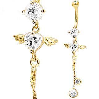14K Gold Dangle Belly Ring Winged Heart Gem