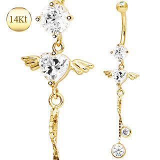 14K Gold Dangle Belly Ring Winged Heart Gem