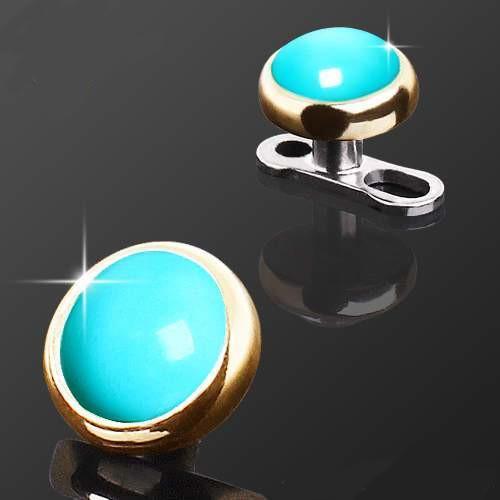 14K Gold Round Dermal Top w/ Turquoise Color Stone