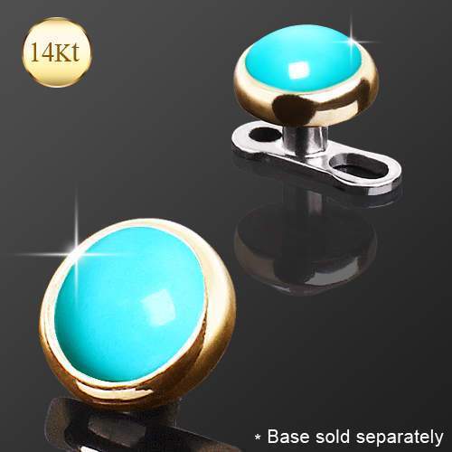 14K Yellow Gold Round Dermal Top w/ Turquoise Color Stone