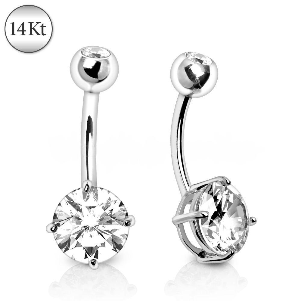 Belly Ring - No Dangle 14Kt White Gold Navel Ring with Prong Set CZ -Rebel Bod-RebelBod