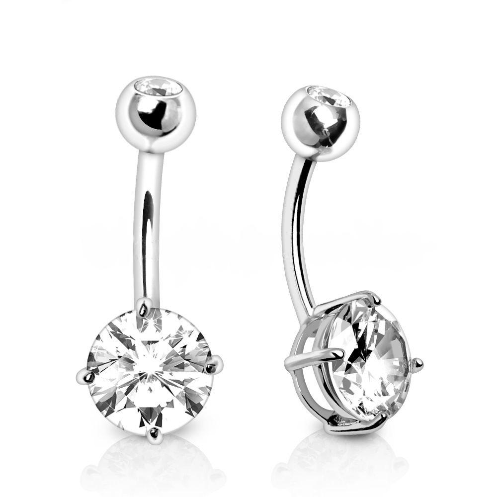 Belly Ring - No Dangle 14Kt White Gold Navel Ring with Prong Set CZ -Rebel Bod-RebelBod