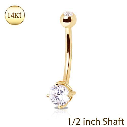 Belly Ring - No Dangle 14Kt Yellow Gold Longer Shaft Navel Ring with Clear Round Prong Set CZ -Rebel Bod-RebelBod