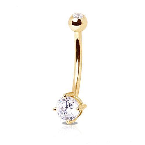 Belly Ring - No Dangle 14Kt Yellow Gold Longer Shaft Navel Ring with Clear Round Prong Set CZ -Rebel Bod-RebelBod