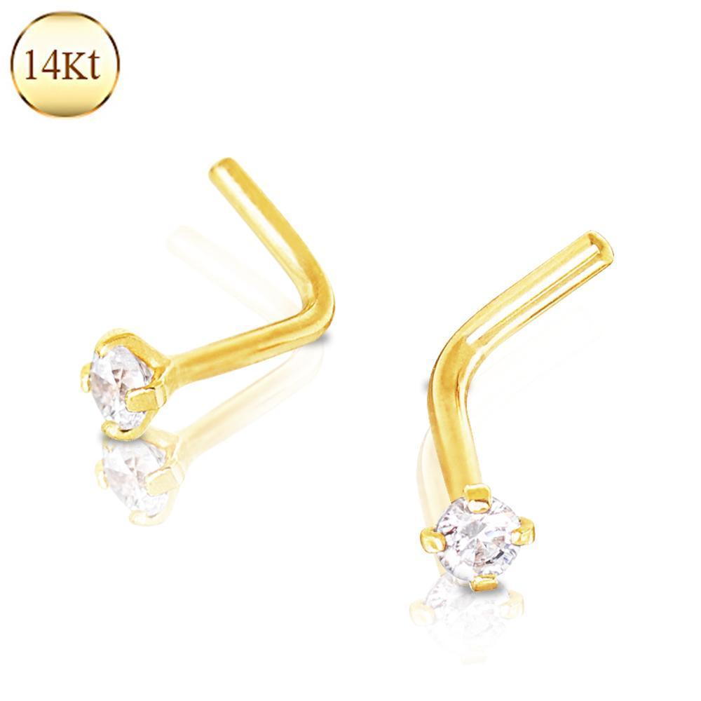 Nose Ring - L-Shaped Nose Ring 14Kt Yellow Gold Prong Set Clear CZ L Bend Nose Ring -Rebel Bod-RebelBod