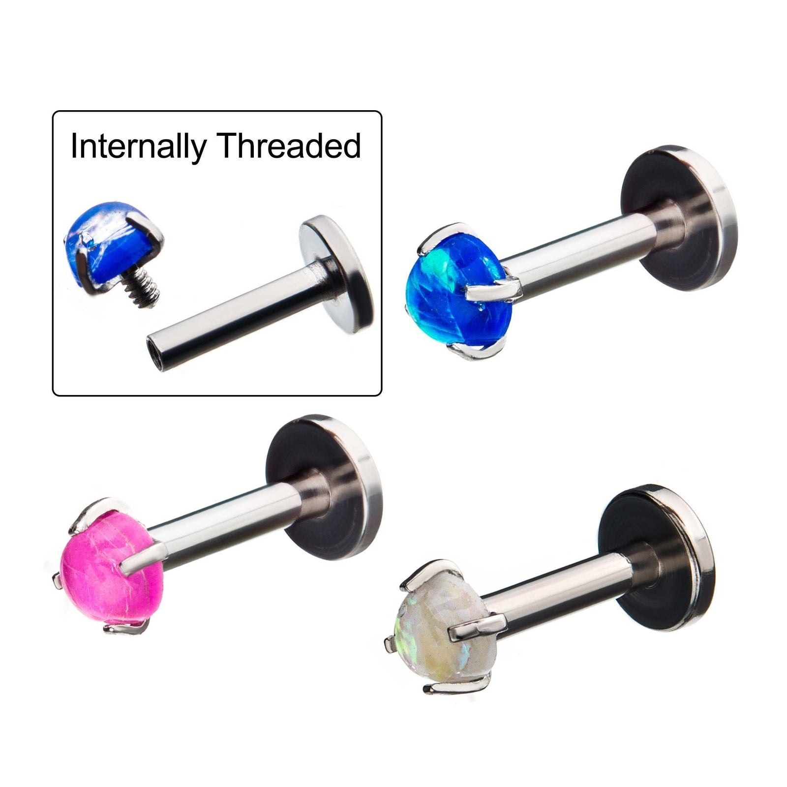 16g 1/4 Internally Threaded Labret Prong Set Foil Opal Resin Cabochon Top
