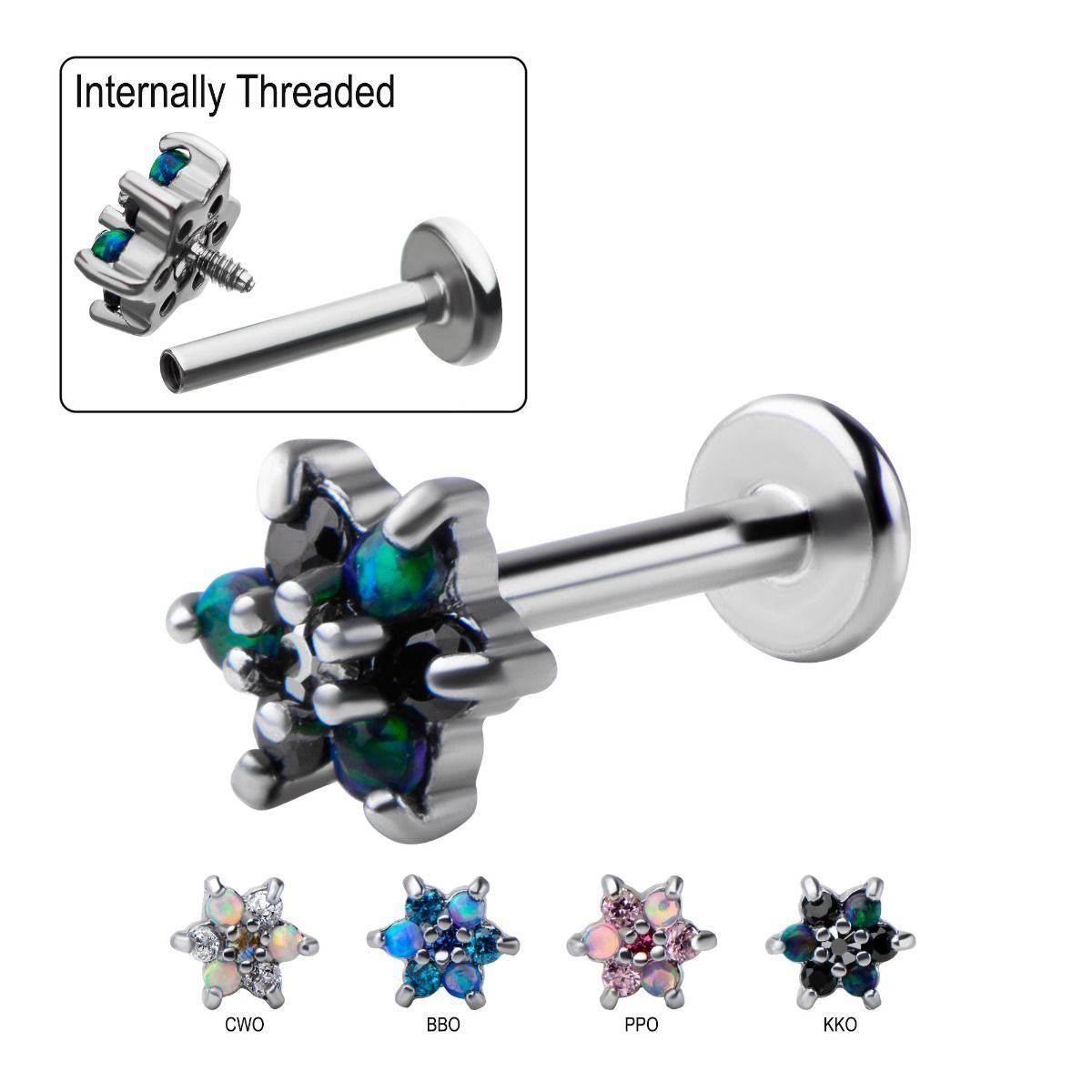 16g 5/16 Internally Threaded Labret Prong Set Gem and Opal Flower End