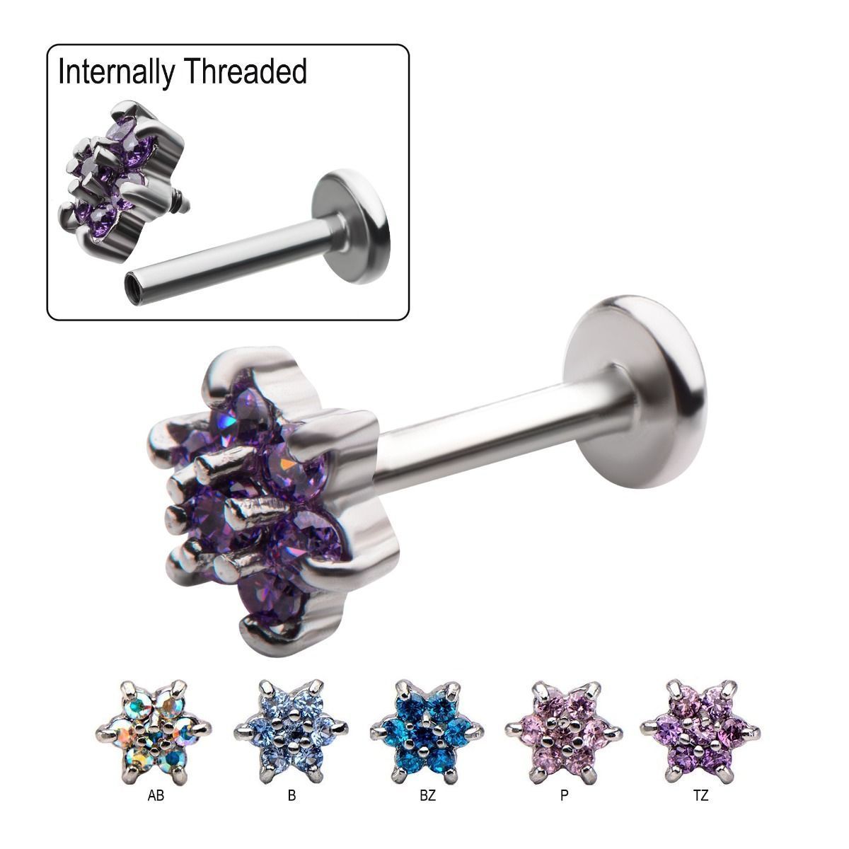 16g 5/16 Internally Threaded Labret Prong Set Gem Flower End