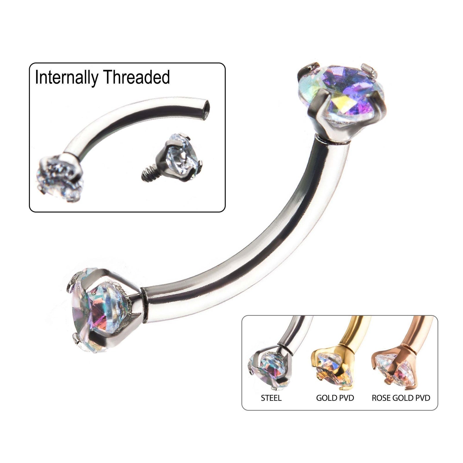 CURVED BARBELL 16g 5/16 Internally Threaded Prong Set Aurora Borealis Gem Curves sbvcs6122ab -Rebel Bod-RebelBod