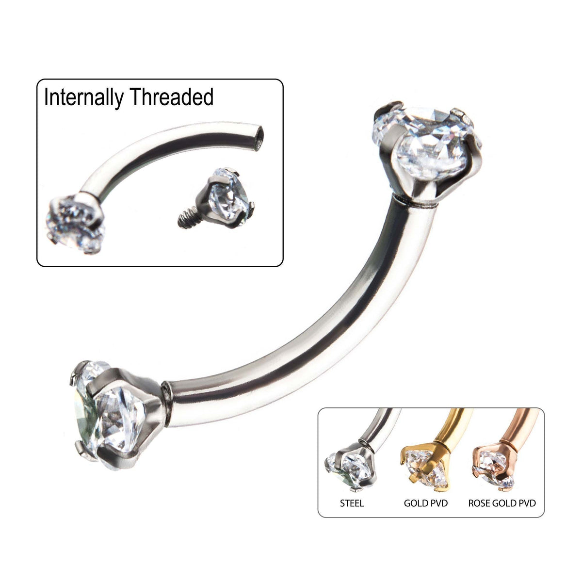 CURVED BARBELL 16g 5/16 Surgical Steel Prong Set 3mm Clear Gem Curves sbvcs6122c -Rebel Bod-RebelBod