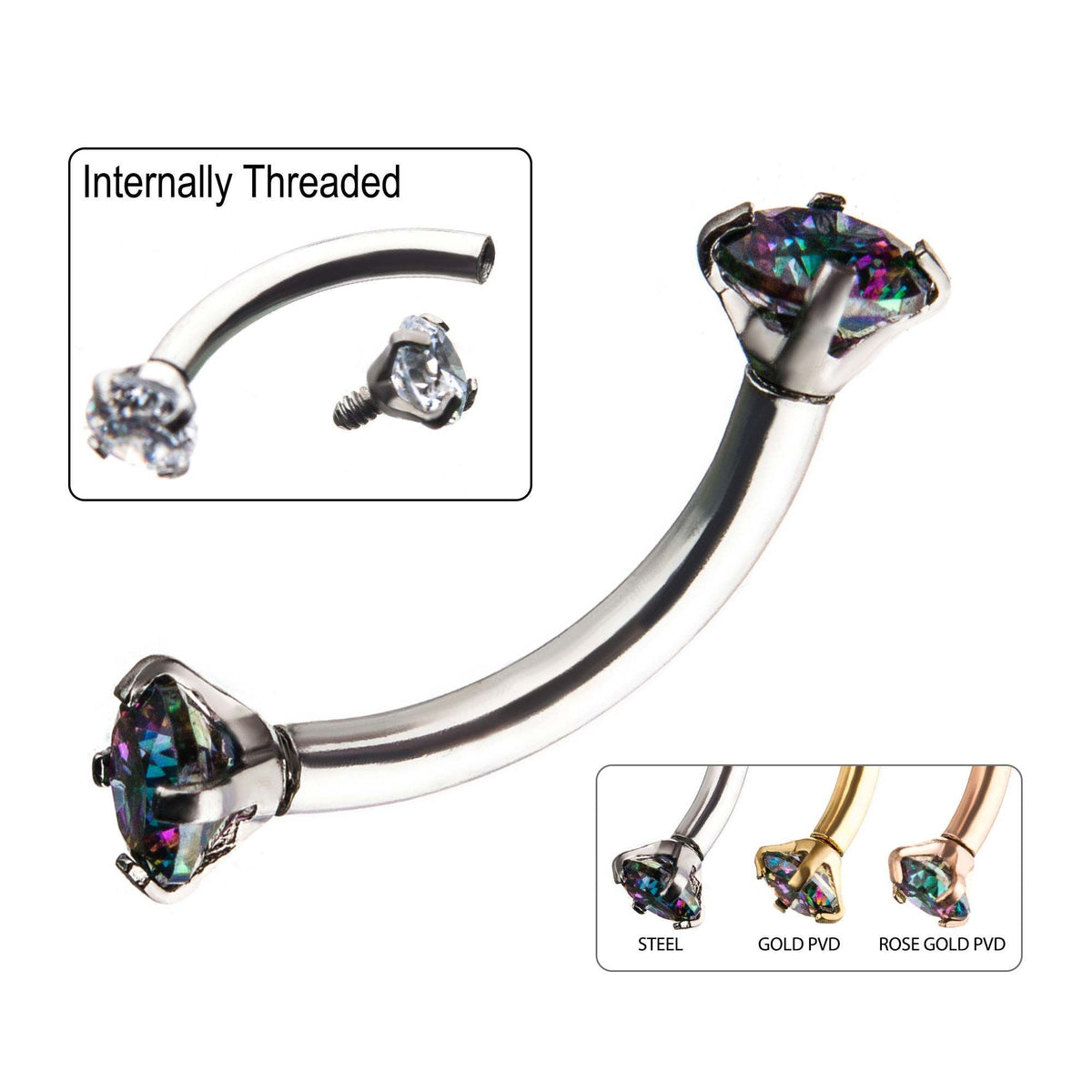 16g 5/16 Prong Set 3mm Vitrail Medium Gem Internally Threaded Curved Barbell Curves
