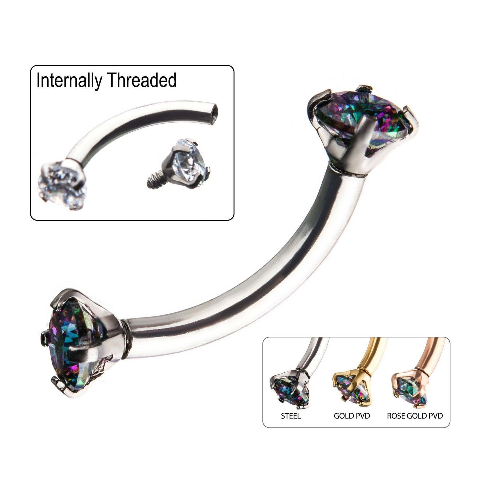16g 5/16 Prong Set 3mm Vitrail Medium Gem Internally Threaded Curved Barbell Curves