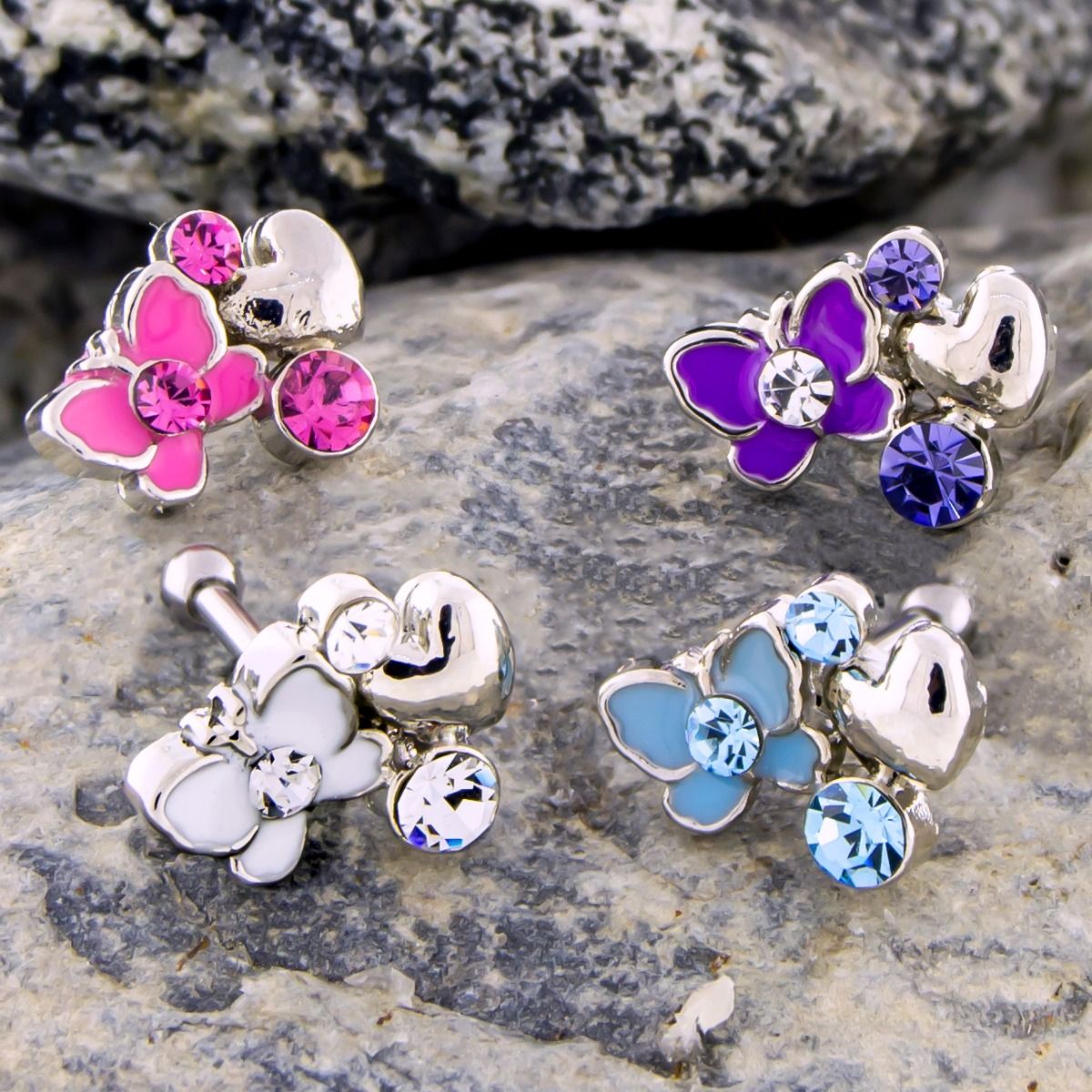 Cartilage Earring - Cartilage Barbell 16g Butterfly With Heart and Gems Barbell - 1 Piece -Rebel Bod-RebelBod