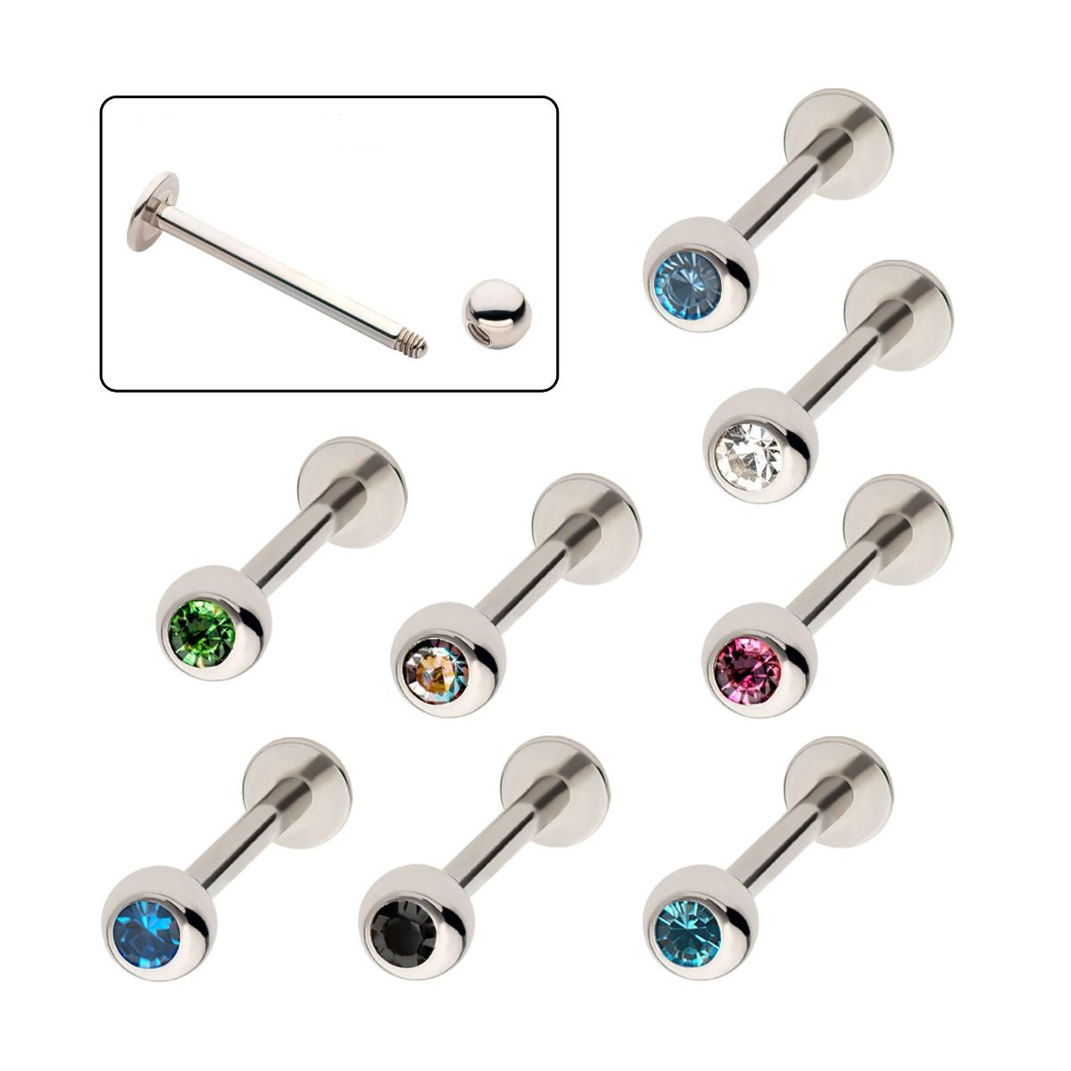 Labret Studs 16g Externally Threaded Bezel Set Gem Top Flat Back Labret - 1 Piece -Rebel Bod-RebelBod