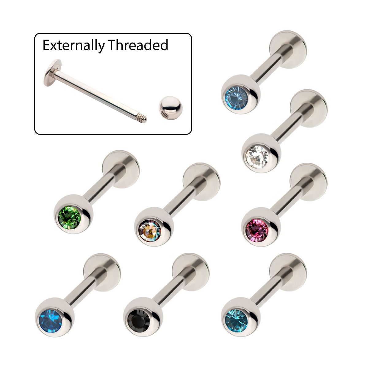 Labret Studs 16g Externally Threaded Bezel Set Gem Top Flat Back Labret -Rebel Bod-RebelBod