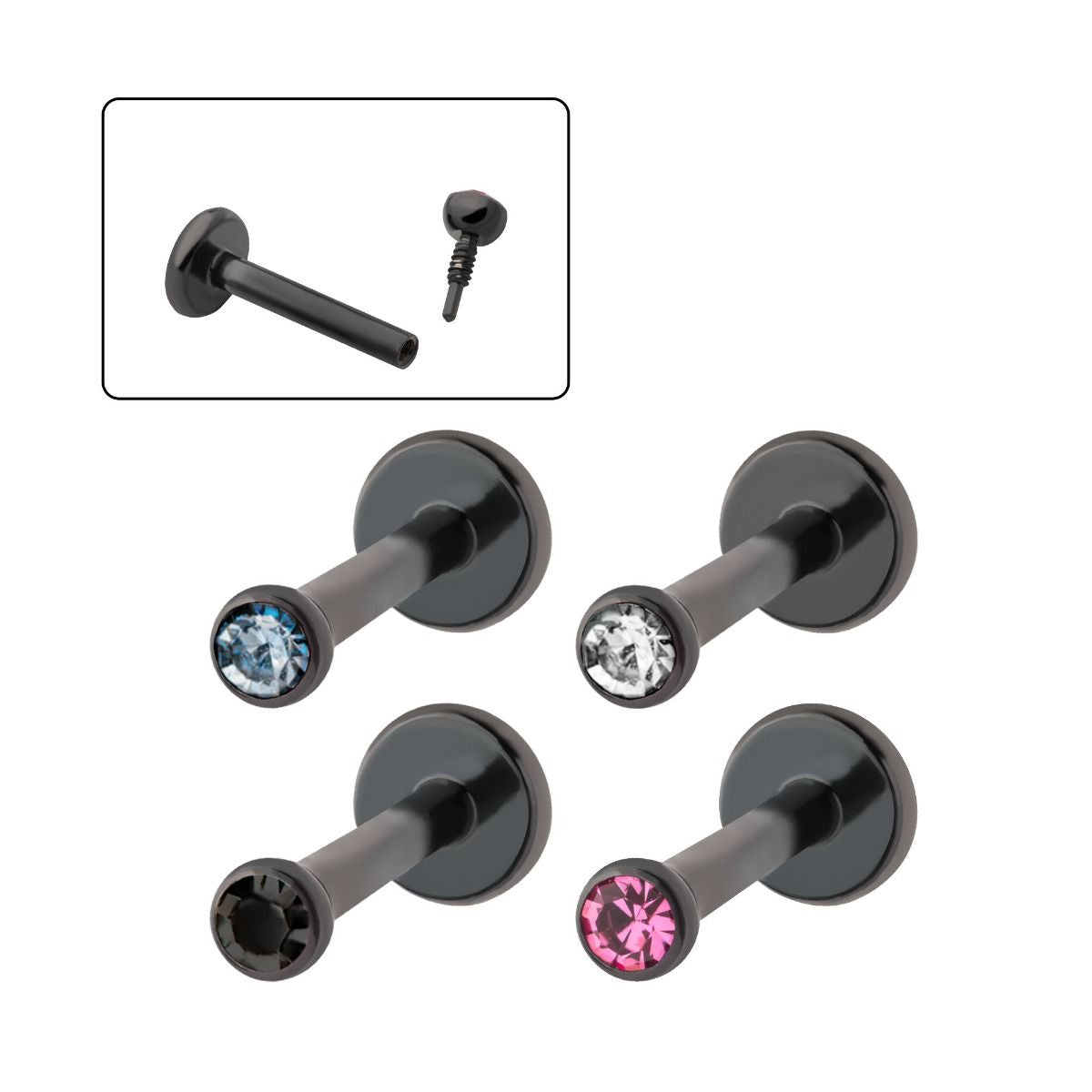Labret Studs 16g Titanium PVD Internally Threaded Bezel Set Gem Top Labret - 1 Piece -Rebel Bod-RebelBod