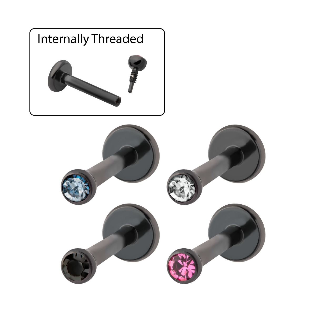 Labret Studs 16g Titanium PVD Internally Threaded Bezel Set Gem Top Labret -Rebel Bod-RebelBod