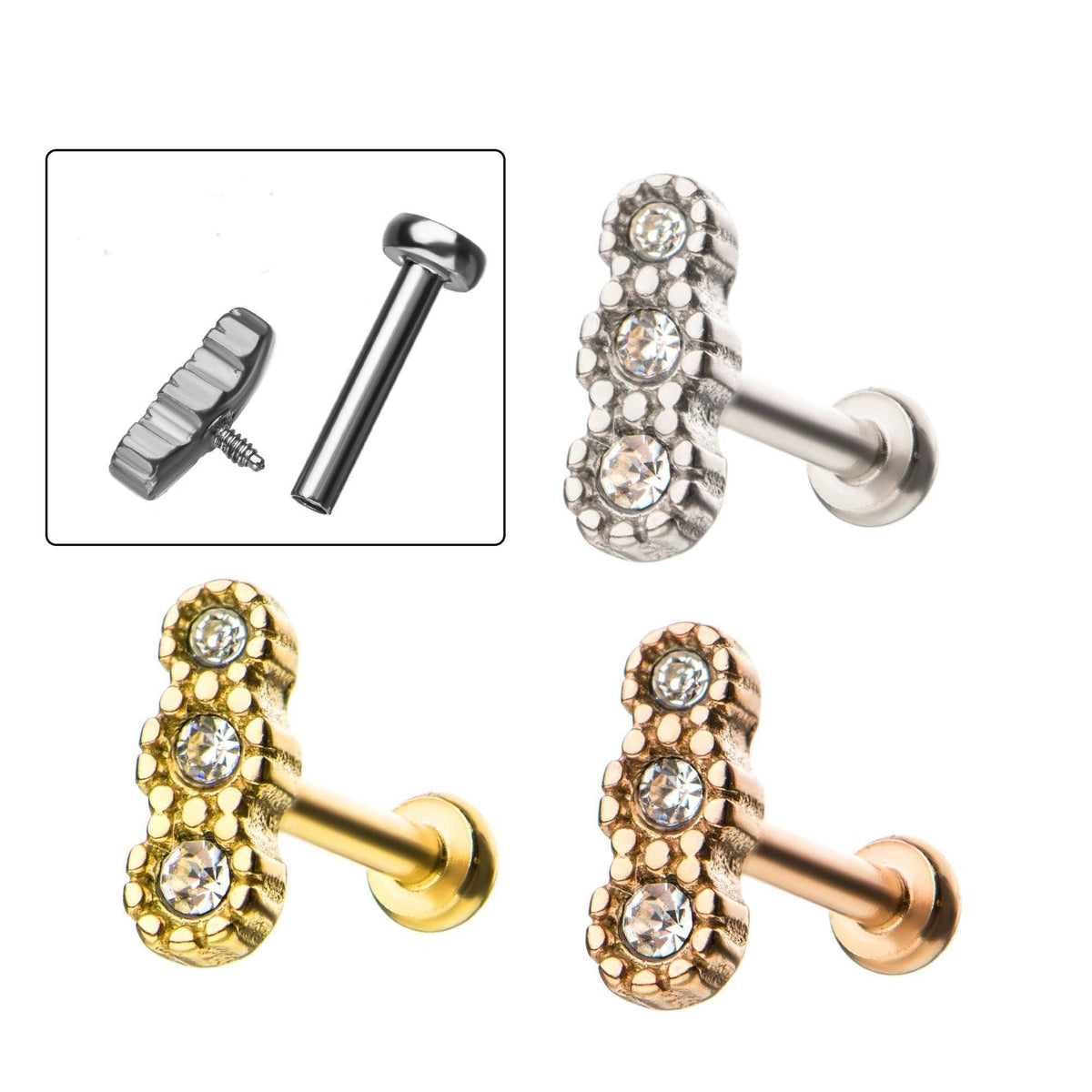 Cartilage Earring - Cartilage Barbell 18G 1/4 3 Clear Gem Row Surgical Steel Cartilage Barbell Earrings sbvbsif2580-9c - 1 Piece -Rebel Bod-RebelBod
