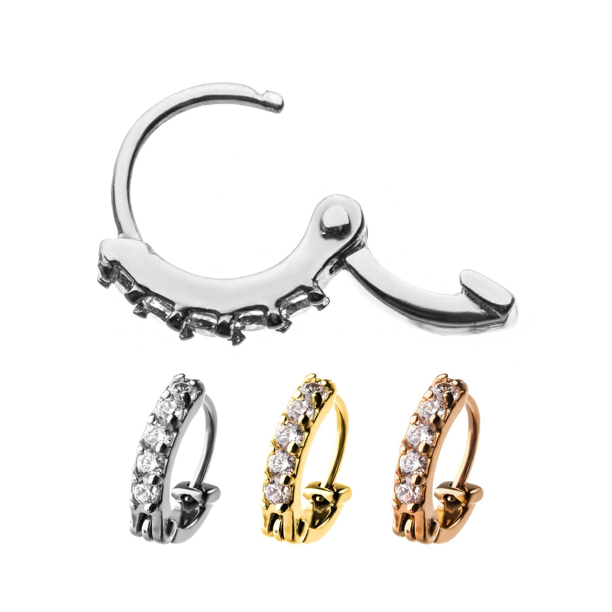 Clicker - Cartilage | Septum 2.4mm thick design and 6mm Pin Clear Gems Hinged Cartilage Earring sbvsgrhec815 - 1 Piece -Rebel Bod-RebelBod