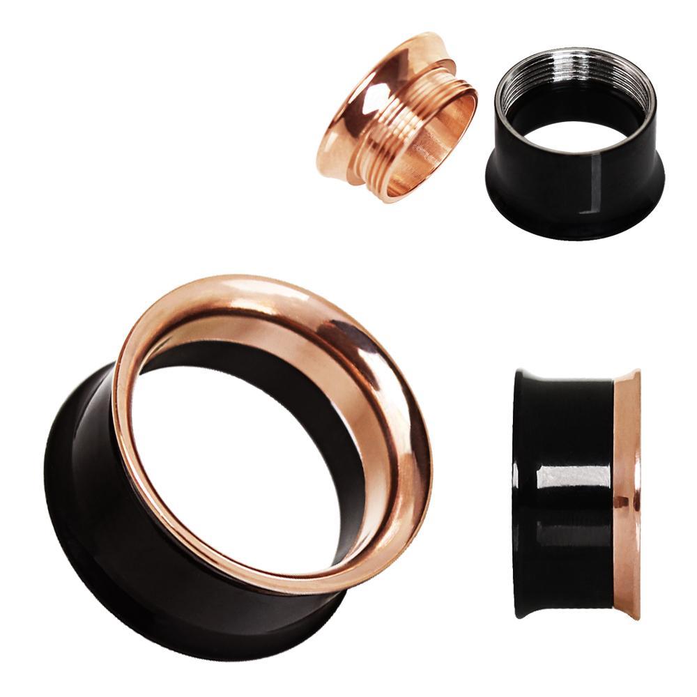 Tunnels - Double Flare 2-in-1 Black PVD / Rose Gold Plated Screw Tunnel Plug - 1 Piece -Rebel Bod-RebelBod