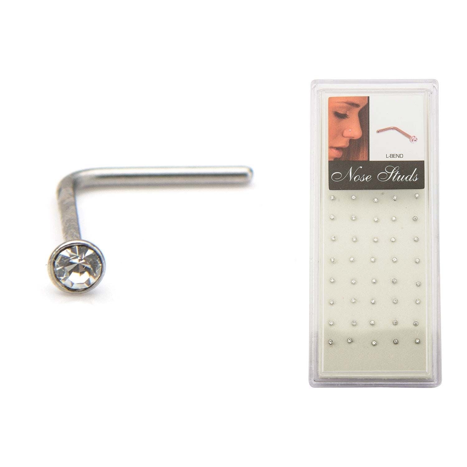 Nose Ring - L-Shaped Nose Ring 20g 2mm Clear Gem Top Nose L Bend Multi Packs - 1 Pack -Rebel Bod-RebelBod