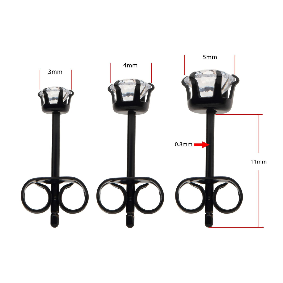 20g Black PVD Titanium Post Butterfly Back 6-Prong Set CZ Stud earring tipvdksse712-3c -Rebel Bod-RebelBod