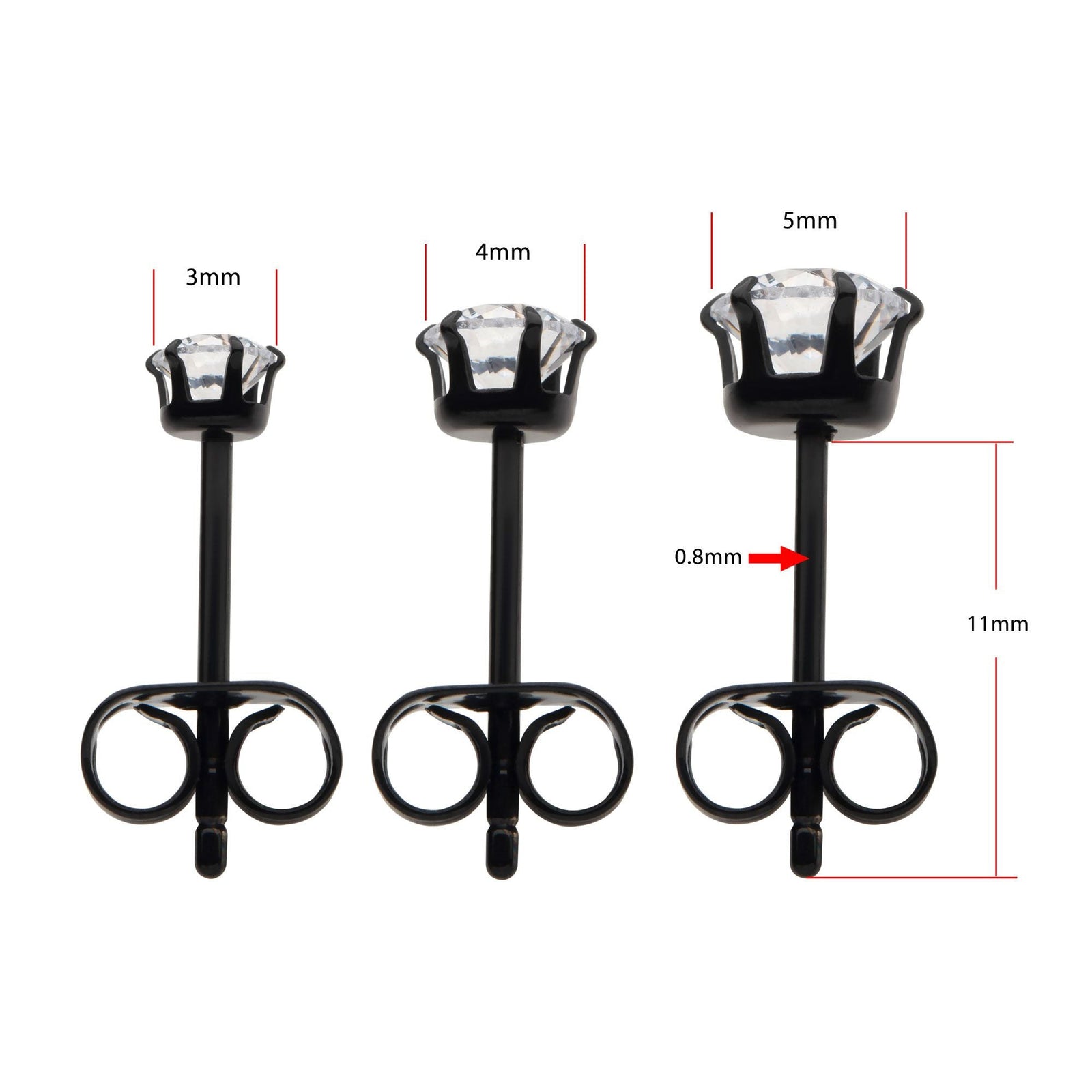 20g Black PVD Titanium Post Butterfly Back 6-Prong Set CZ Stud earring tipvdksse712-3c -Rebel Bod-RebelBod