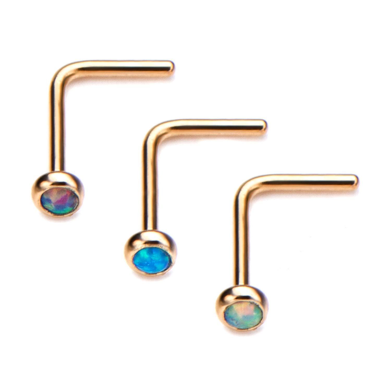 Nose Ring - L-Shaped Nose Ring 20g Gold Plated Nose L-Bend with 2mm Bezel Set Synthetic Opal. sbvnsloplgp -Rebel Bod-RebelBod