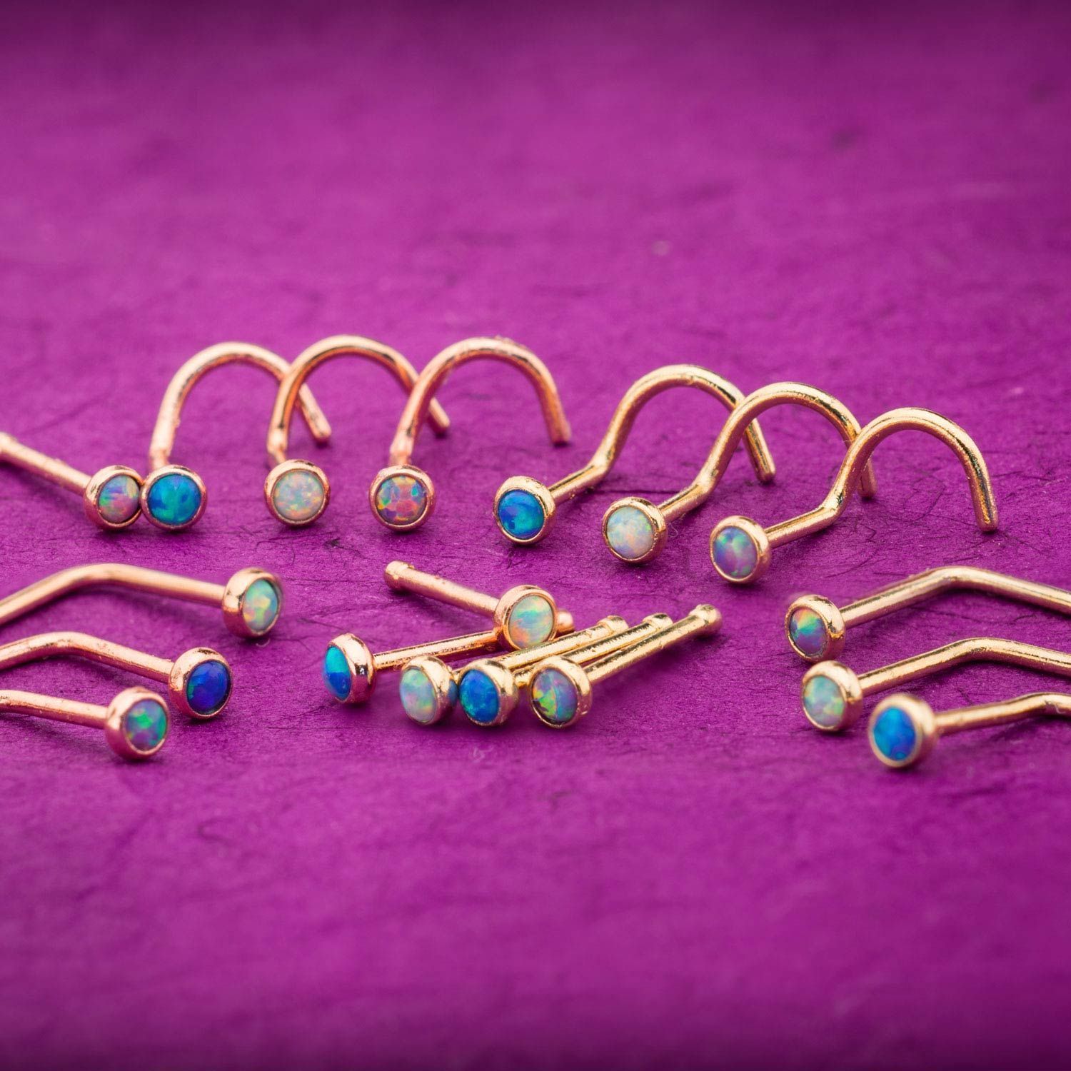 Nose Ring - L-Shaped Nose Ring 20g Gold Plated Nose L-Bend with 2mm Bezel Set Synthetic Opal. sbvnsloplgp -Rebel Bod-RebelBod