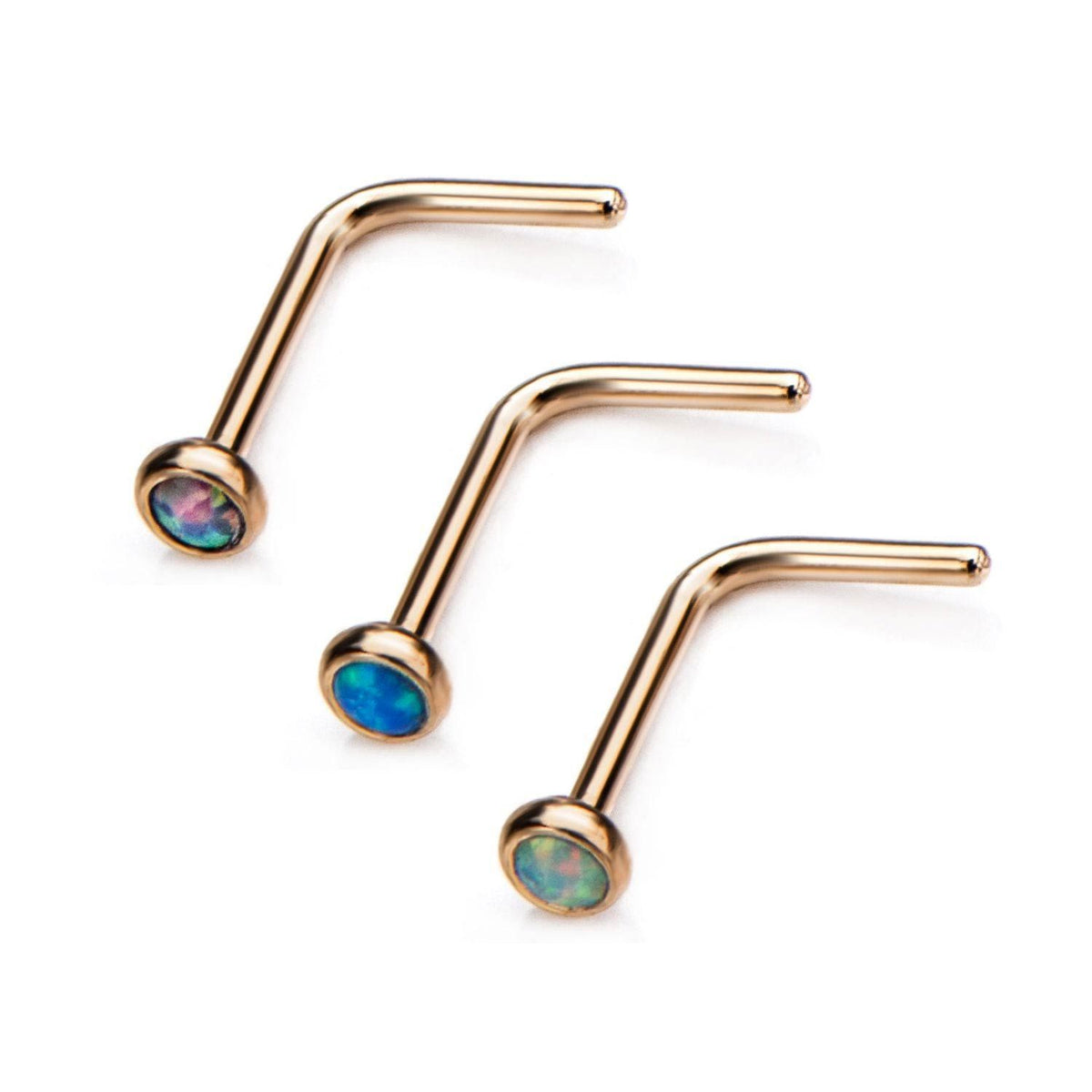 Nose Ring - L-Shaped Nose Ring 20g Gold Plated Nose L-Bend with 2mm Bezel Set Synthetic Opal. sbvnsloplgp -Rebel Bod-RebelBod