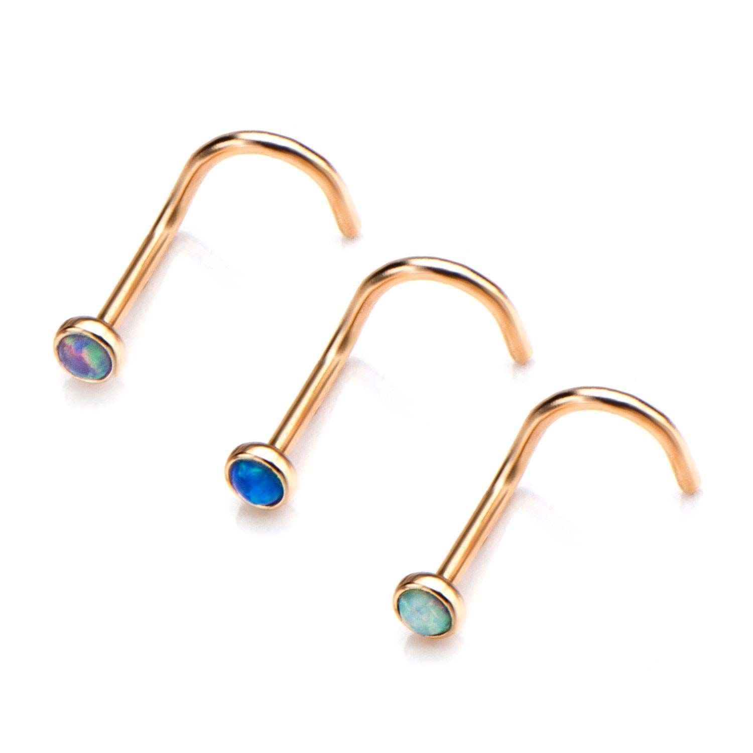 20g Gold Nose Screw Nose Ring 2mm Bezel Set Synthetic Opal