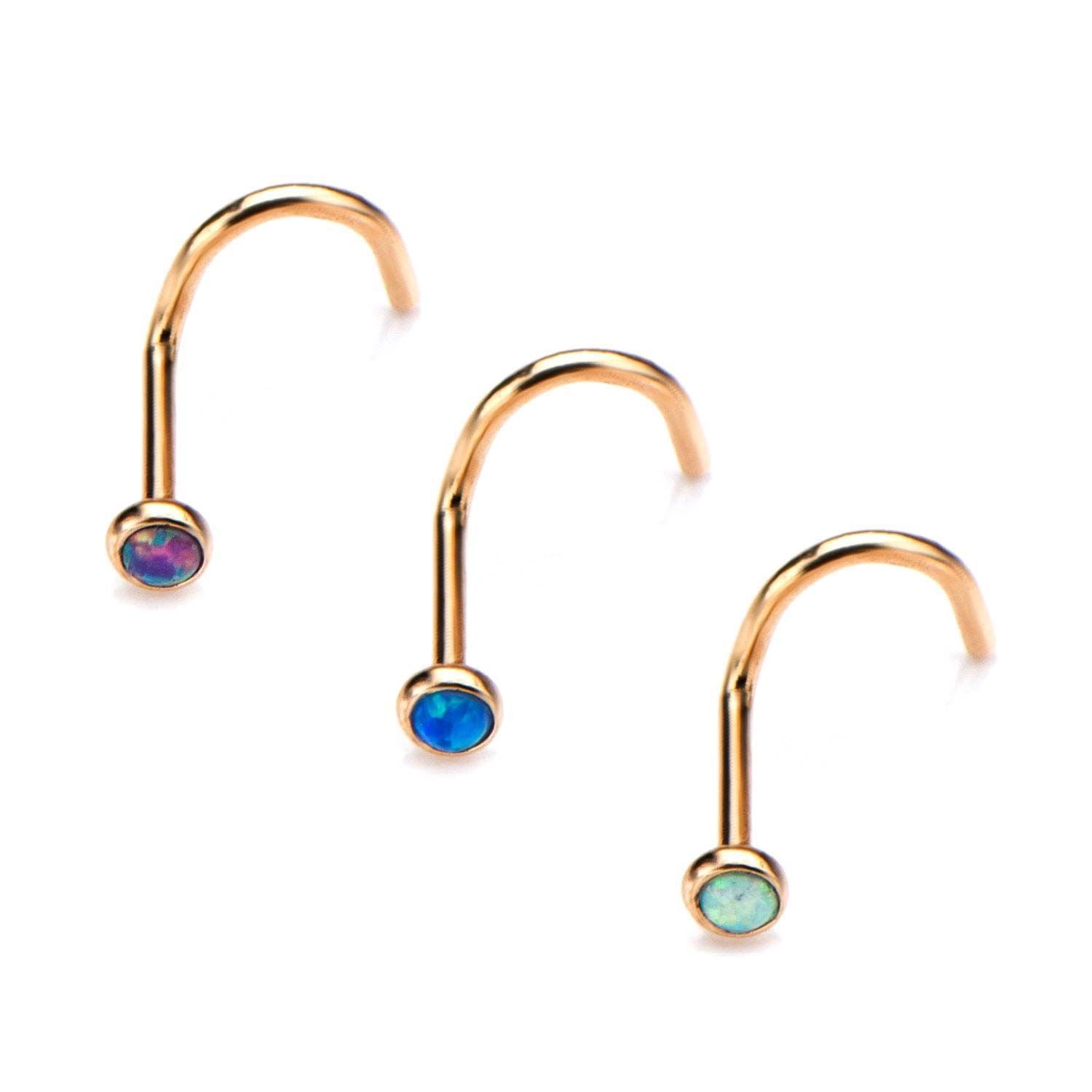 20g Gold Nose Screw Nose Ring 2mm Bezel Set Synthetic Opal