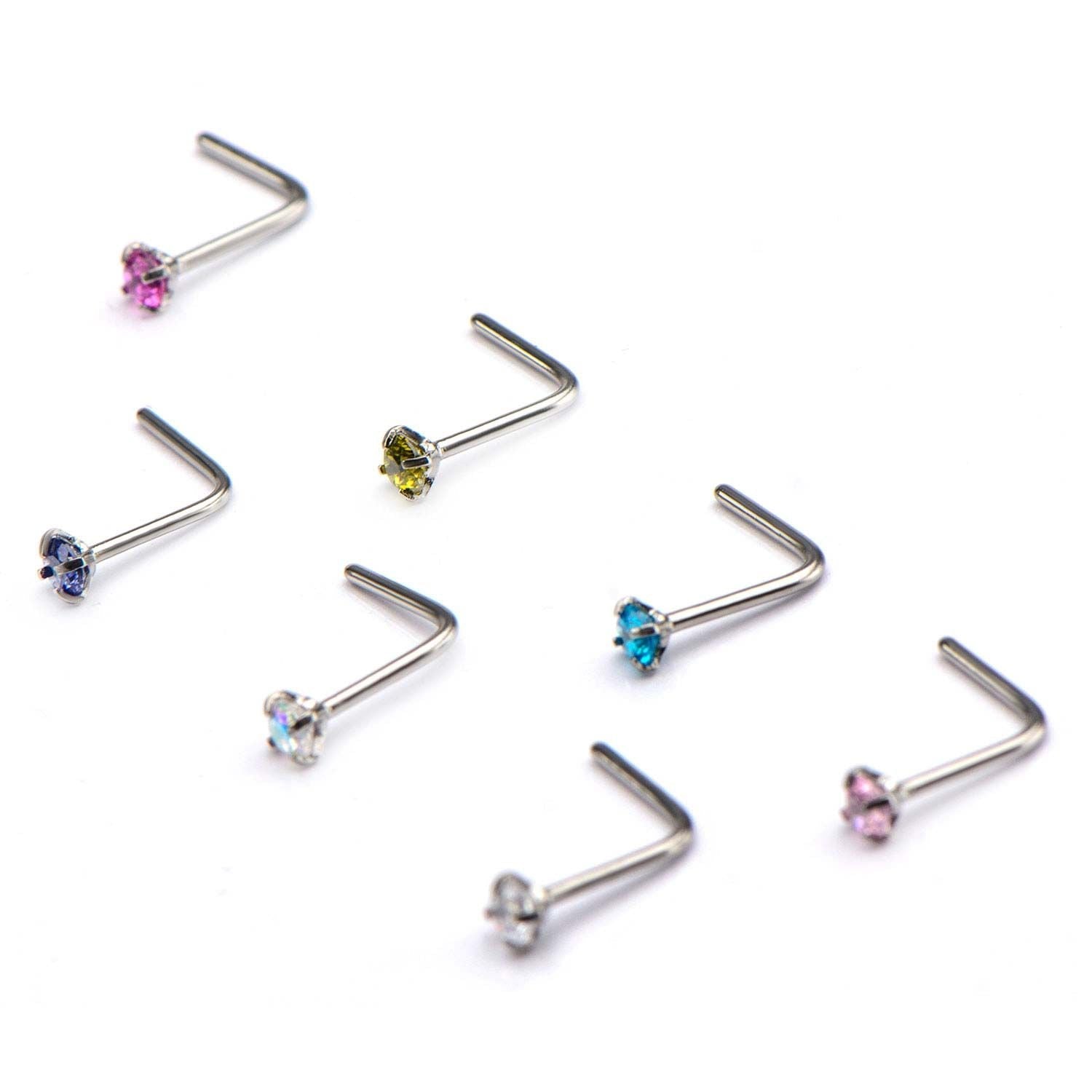 Nose Ring - L-Shaped Nose Ring 20g Nose L Bend 25mm Prong Set Gem Top - 1 Pack -Rebel Bod-RebelBod
