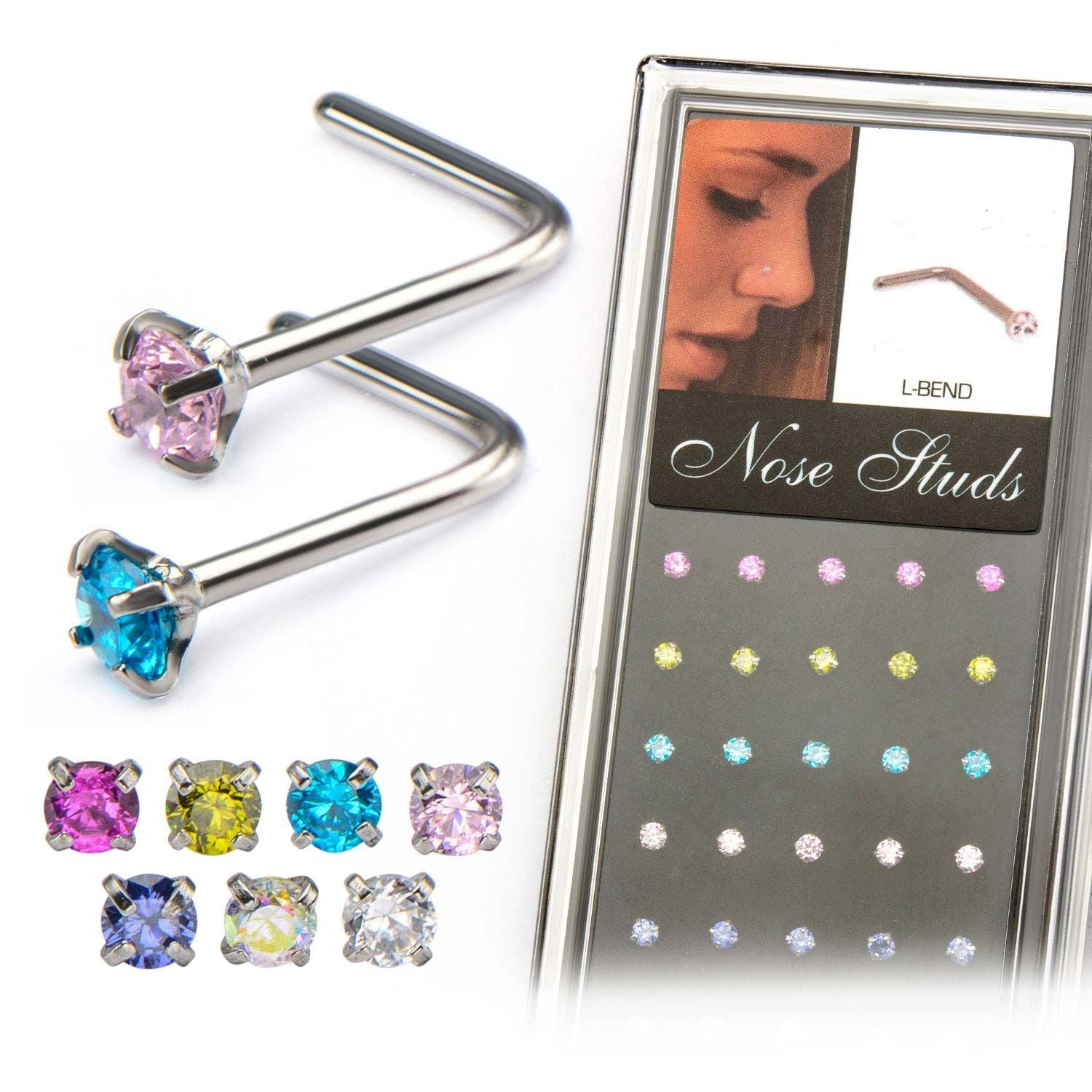 Nose Ring - L-Shaped Nose Ring 20g Nose L Bend 25mm Prong Set Gem Top - 1 Pack -Rebel Bod-RebelBod