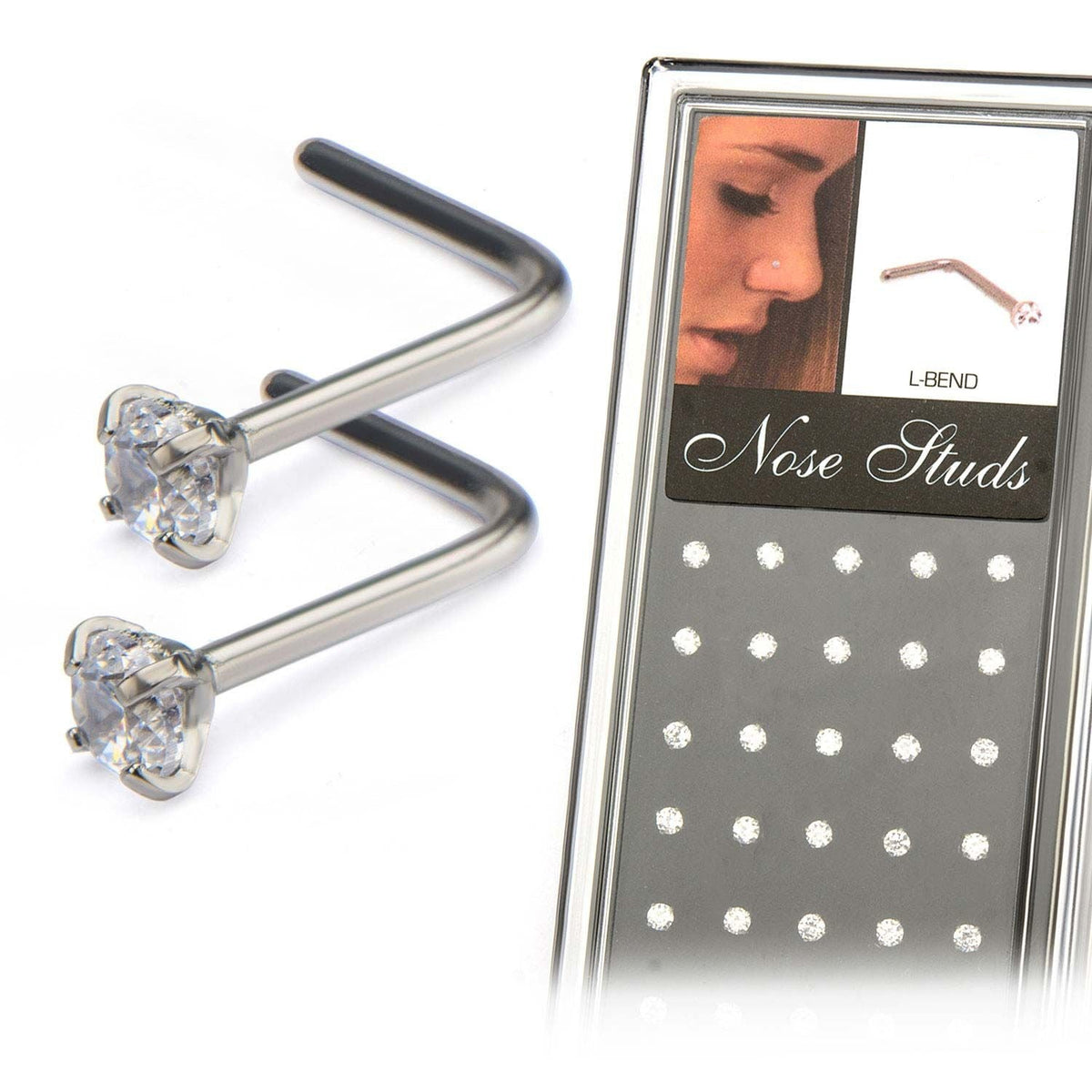 Nose Ring - L-Shaped Nose Ring 20g Nose L Bend 2mm Prong Set Clear Gem Top - 1 Pack -Rebel Bod-RebelBod