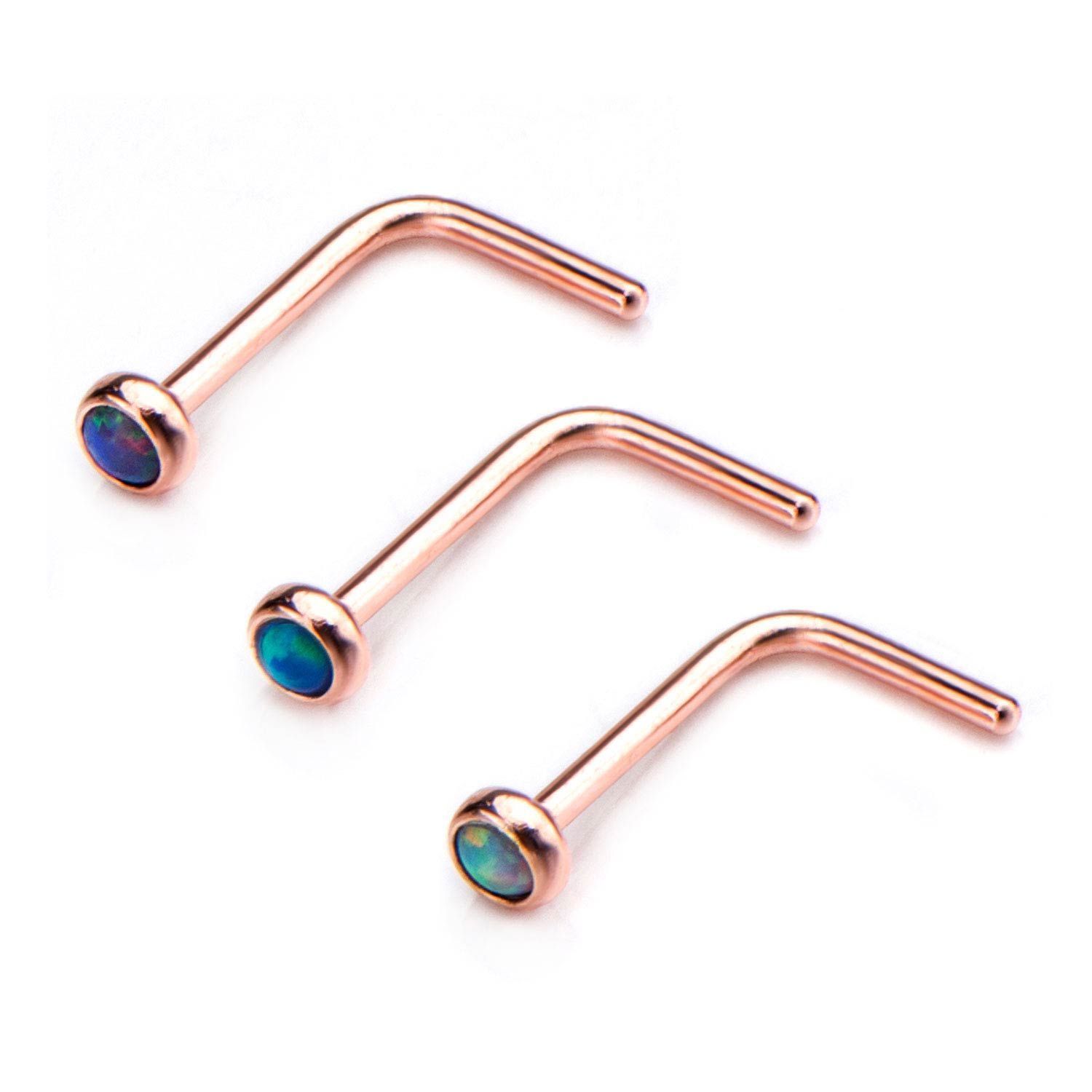 Nose Ring - L-Shaped Nose Ring 20g Nose L-Bend with 2mm Bezel Set Synthetic Opal. sbvnsloplrg -Rebel Bod-RebelBod