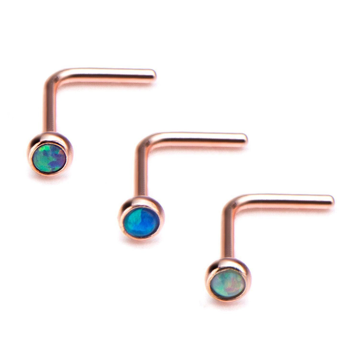 Nose Ring - L-Shaped Nose Ring 20g Nose L-Bend with 2mm Bezel Set Synthetic Opal. sbvnsloplrg -Rebel Bod-RebelBod