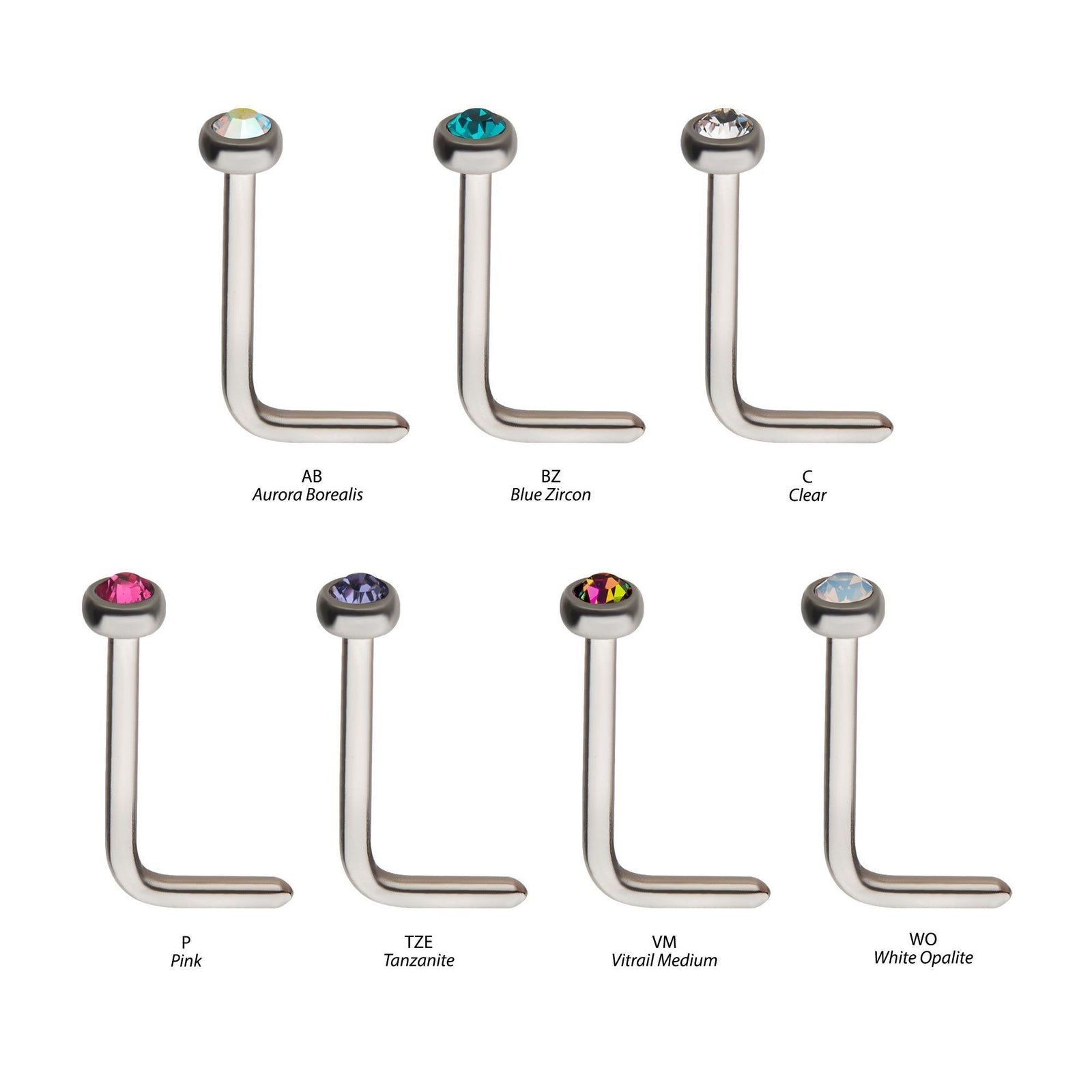 Nose Piercing/Nose Jewelry/Nose Rings/Nose Ring/L-Shaped Nose Ring 20g Press Fit Bezel Set Gem Top Nose L-Bend sbvnlpl -Rebel Bod-RebelBod