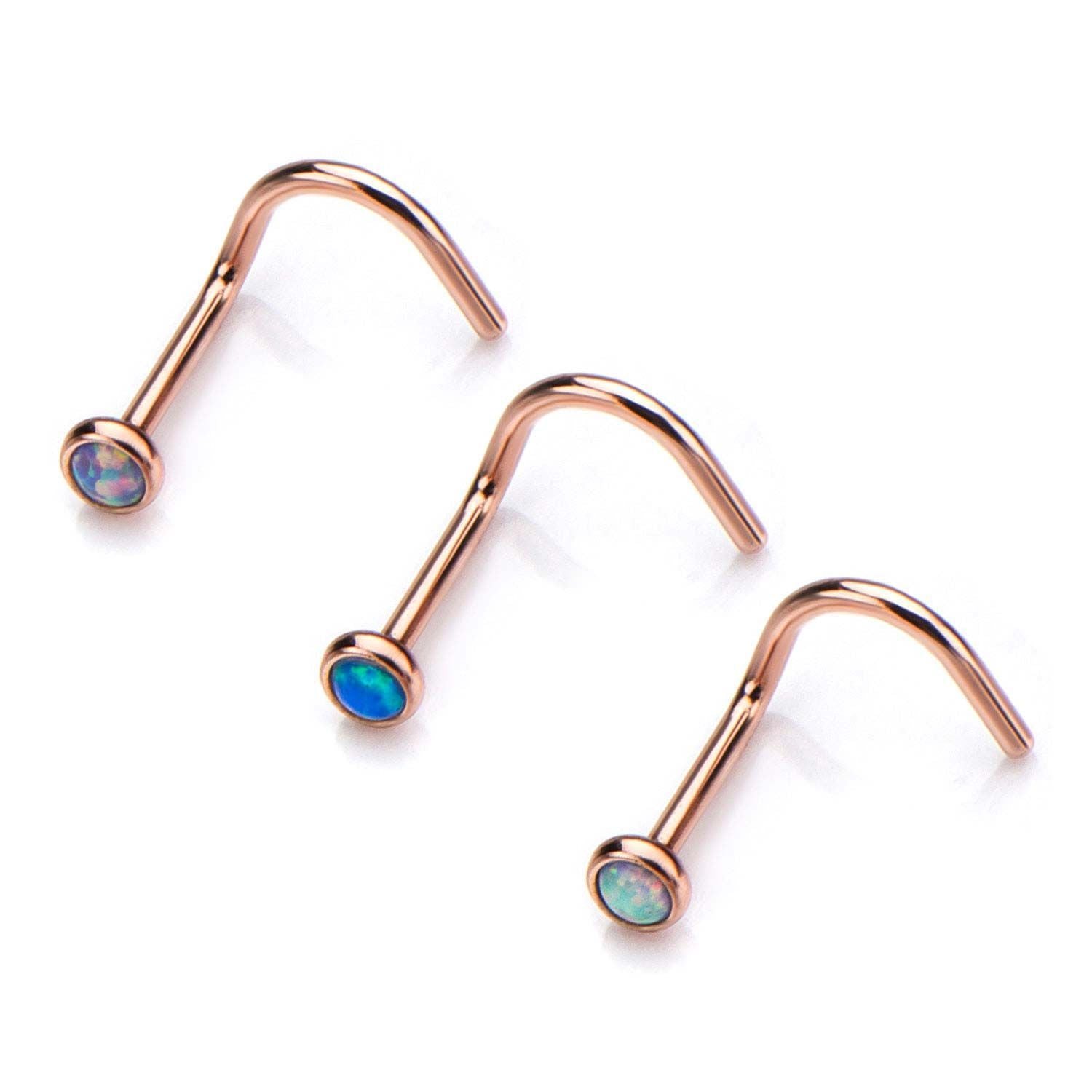 20g Rose Gold Nose Screw Nose Ring 2mm Bezel Set Synthetic Opal
