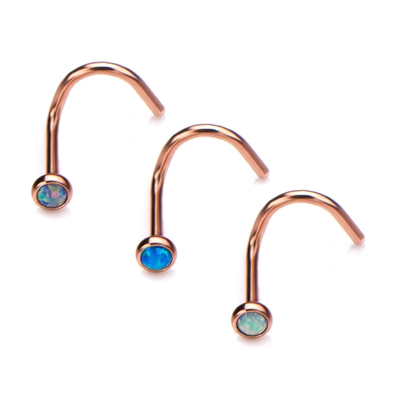 20g Rose Gold Nose Screw Nose Ring 2mm Bezel Set Synthetic Opal